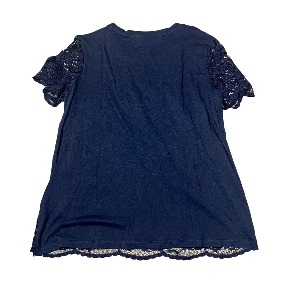 Brooks Brothers Navy Blue Floral Lace Overlay Short Sleeve Top Crew Neck Medium - Picture 7 of 7